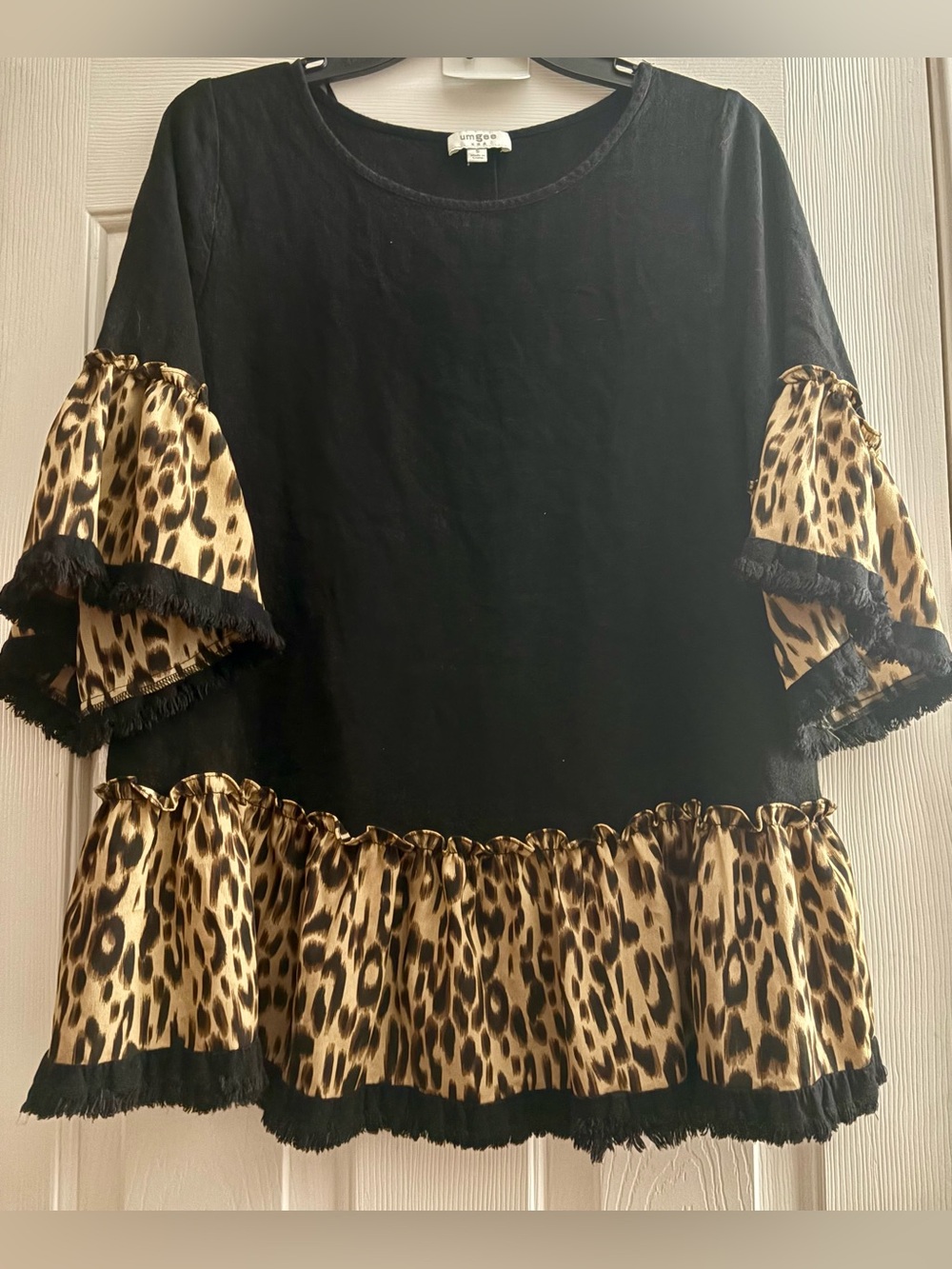 Umgee Black Tunic with Leopard Print Ruffle Accents